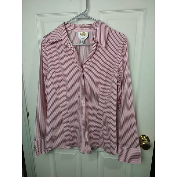 Talbots Woman 16 Shirt V Neck Button Pink White Striped Long Sleeve Business... - Picture 1 of 8